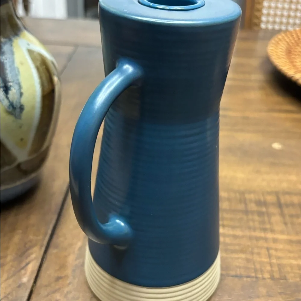 Crate&barrel blue and beige ceramic ribbed candle holder
